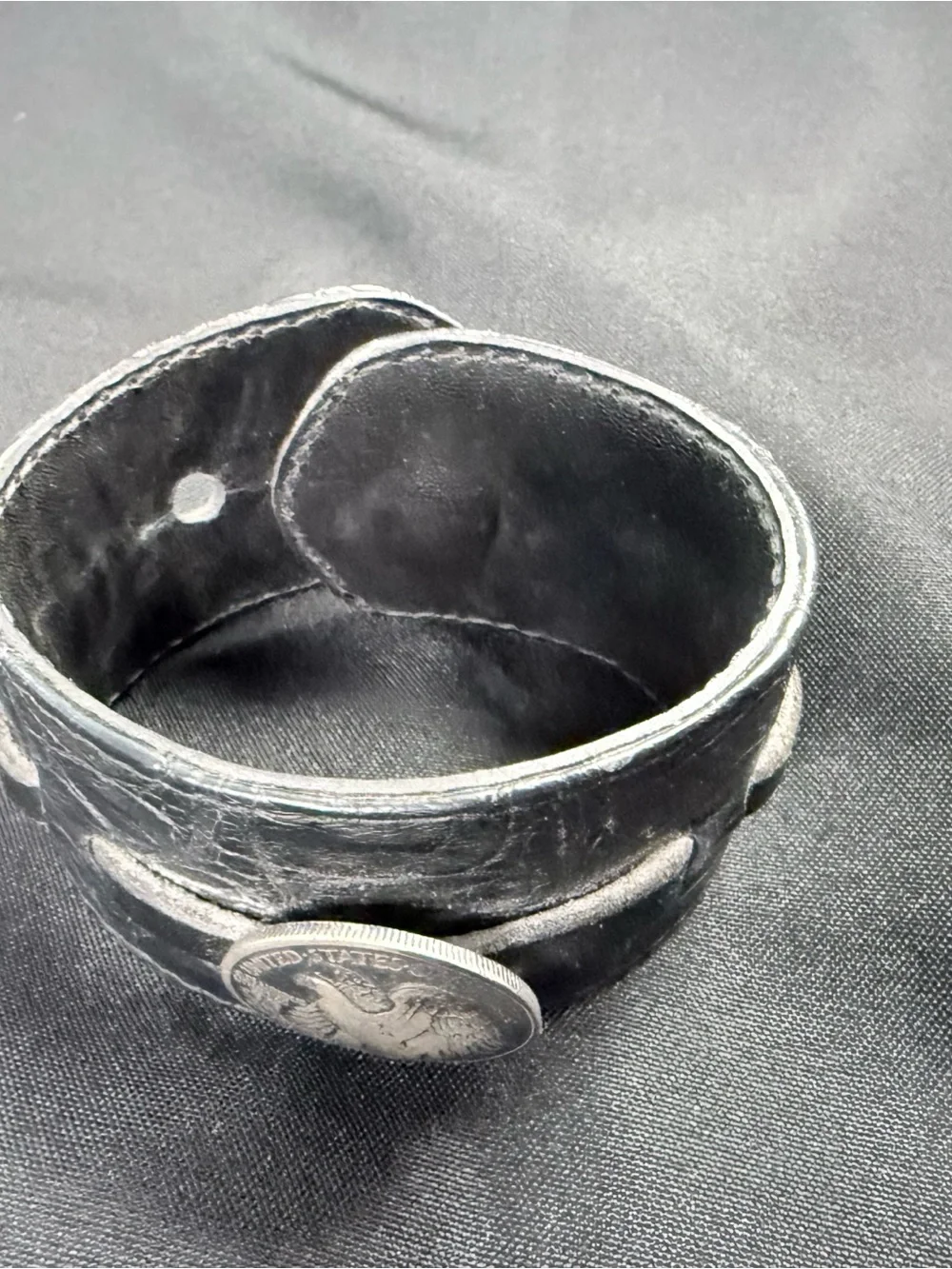 King Baby Studio Black Leather Bracelet with Silver Eagle Coin Medallion